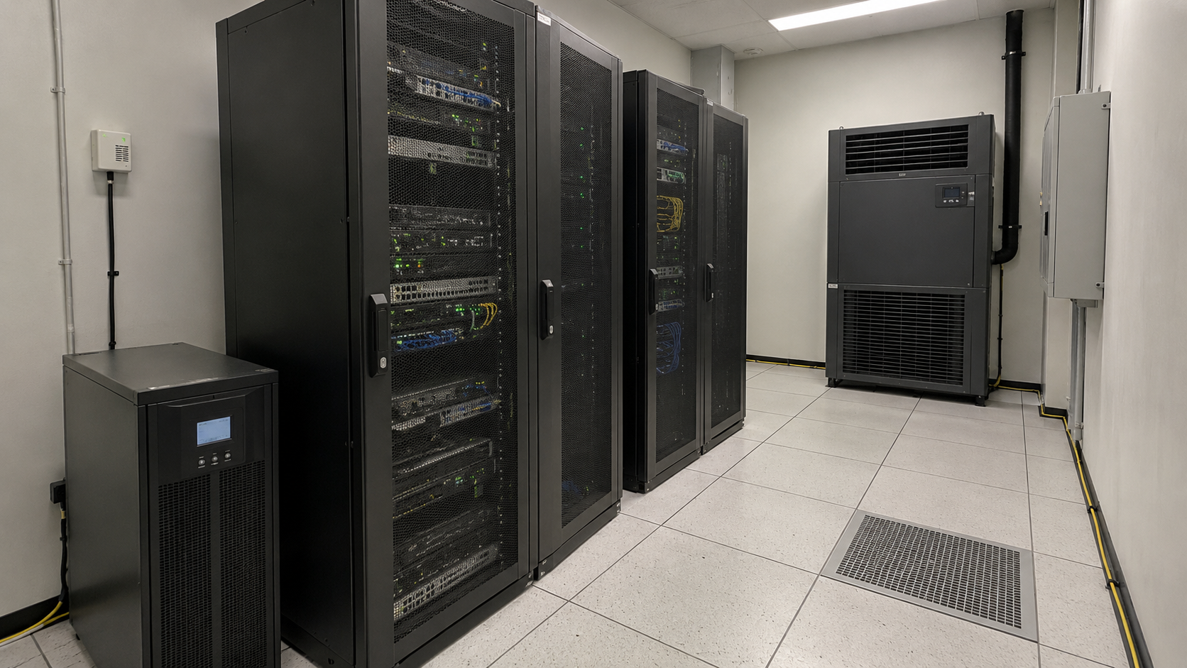 机房综合监测场景示意:机柜、UPS、空调与环境测点