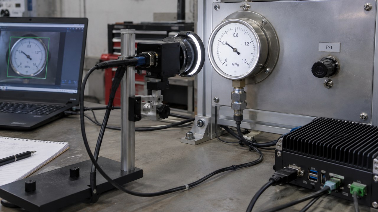 Industrial camera and pressure instruments on a validation bench